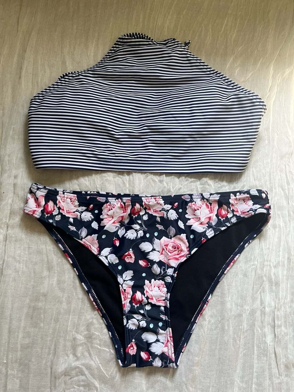 Two-Piece Bikini Swimsuit Size M Striped Floral High Neck